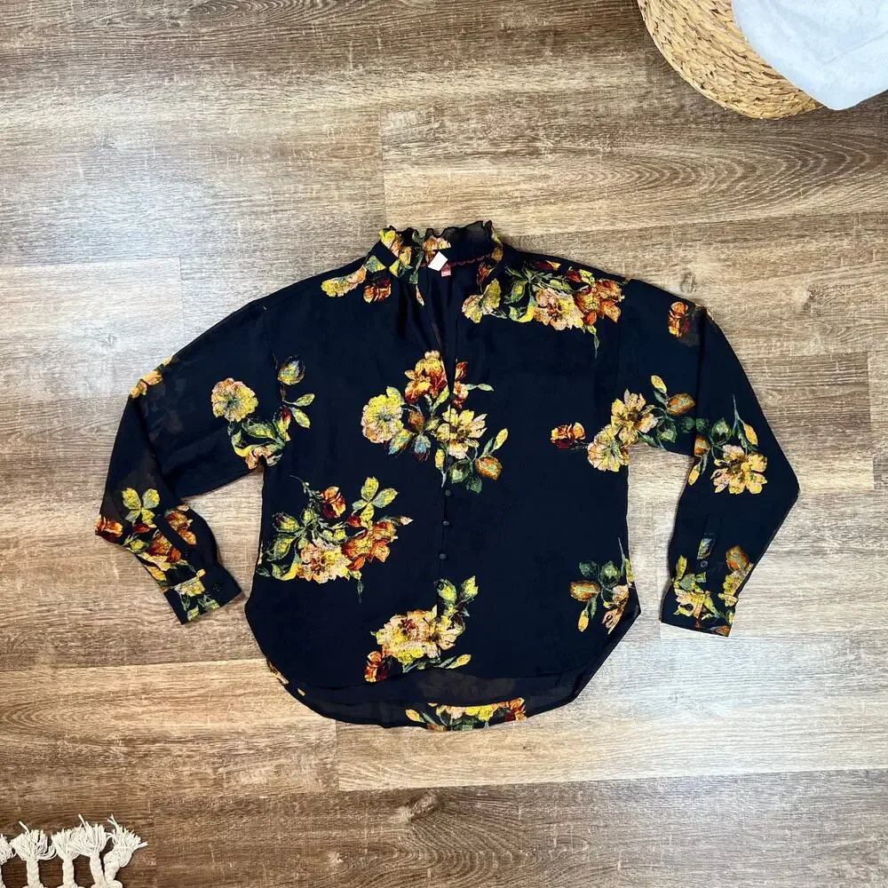 Pilcro Anthropologie Tavi Buttondown Blouse Floral Black Date Night Nice Sheer